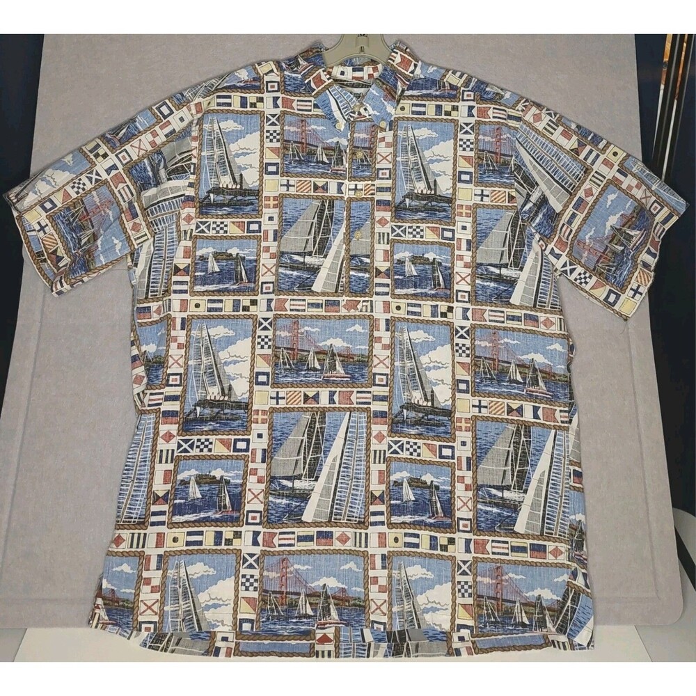 Reyn Spooner Hawaiian Shirt Blue San Francisco Sail Boat Race Pull Over Sz XL